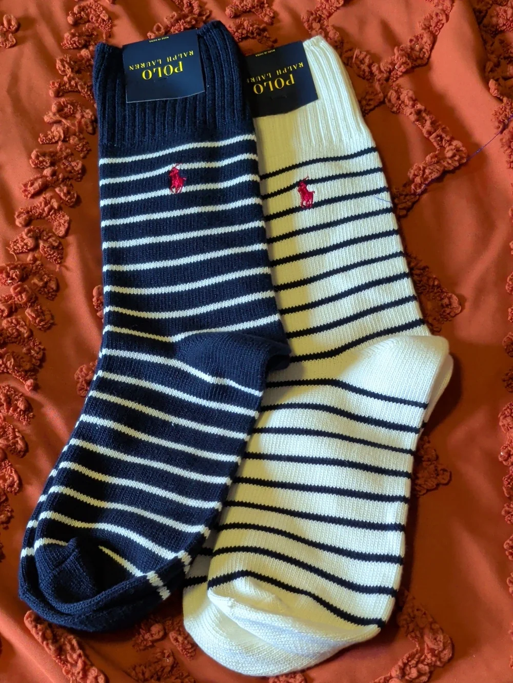 Polo by Ralph Lauren Navy & White Striped Crew Socks with Red Pony